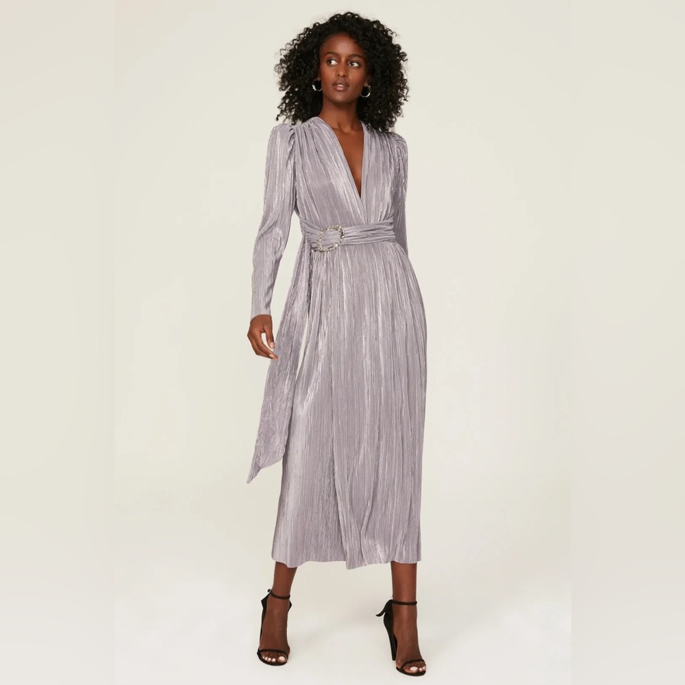 Sabina Musayev Hadar Metallic Lilac Pleated Wrap Midi Dress XS